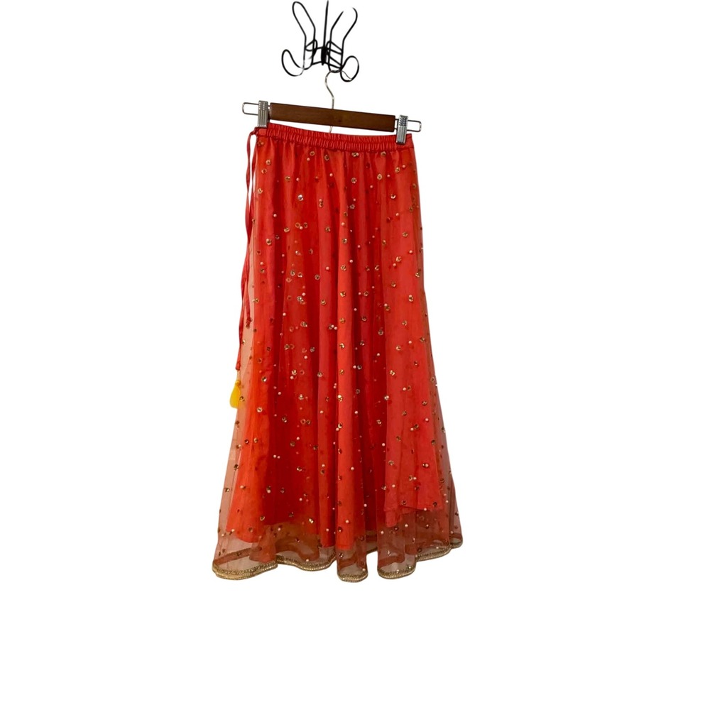 Srishti Lehenga Skirt Girls 9-10Y Coral Orange Excellent Sequin Pearl Tassel